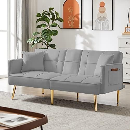Modern Velvet Upholstered Convertible Folding Futon Sofa Bed Adjustable Recliner Lounge Loveseat Couch Sofacama with Golden Metal Legs