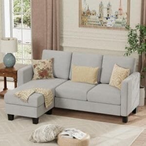 Convertible Sectional Sofa Couch, L-Shaped 3 Seat with Linen Fabric and Movable Ottoman, for Small Apartments