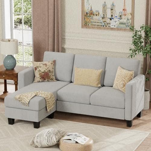 Convertible Sectional Sofa Couch, L-Shaped 3 Seat with Linen Fabric and Movable Ottoman, for Small Apartments